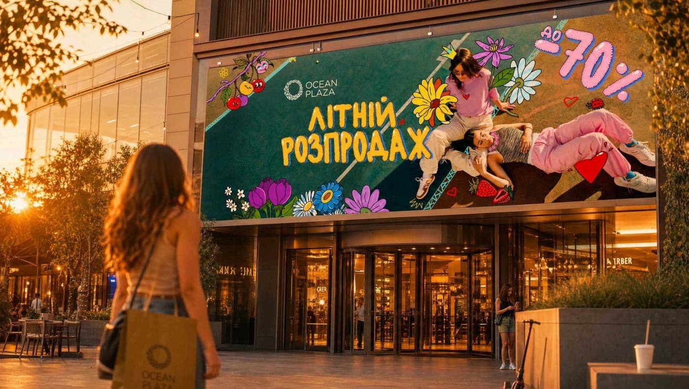 «Літній розпродаж до −70%» на фасаді входу ТРЦ Ocean Plaza