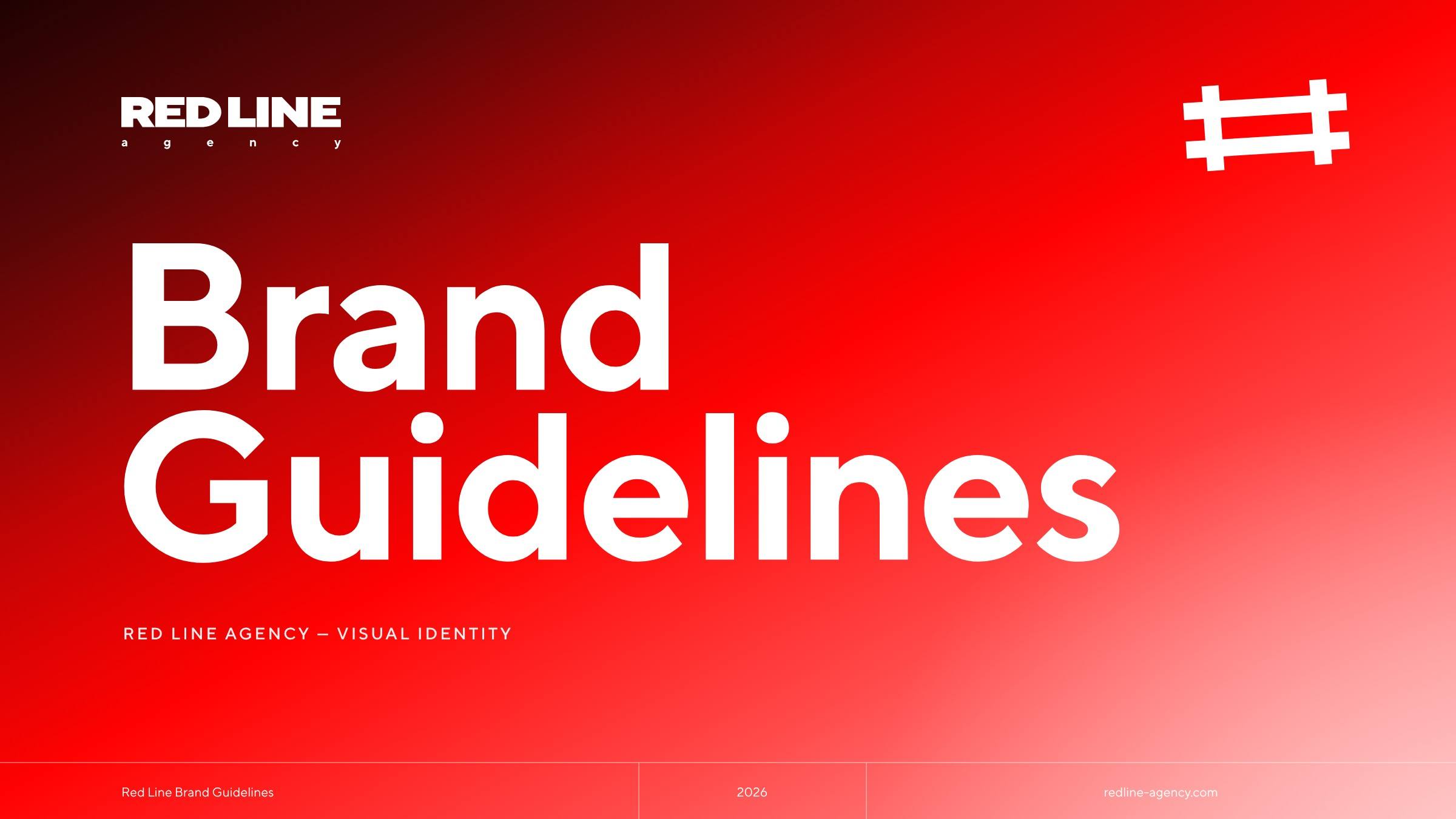 Обкладинка гайдлайну Red Line agency: «Brand Guidelines» на червоному градієнті зі знаком-рамкою
