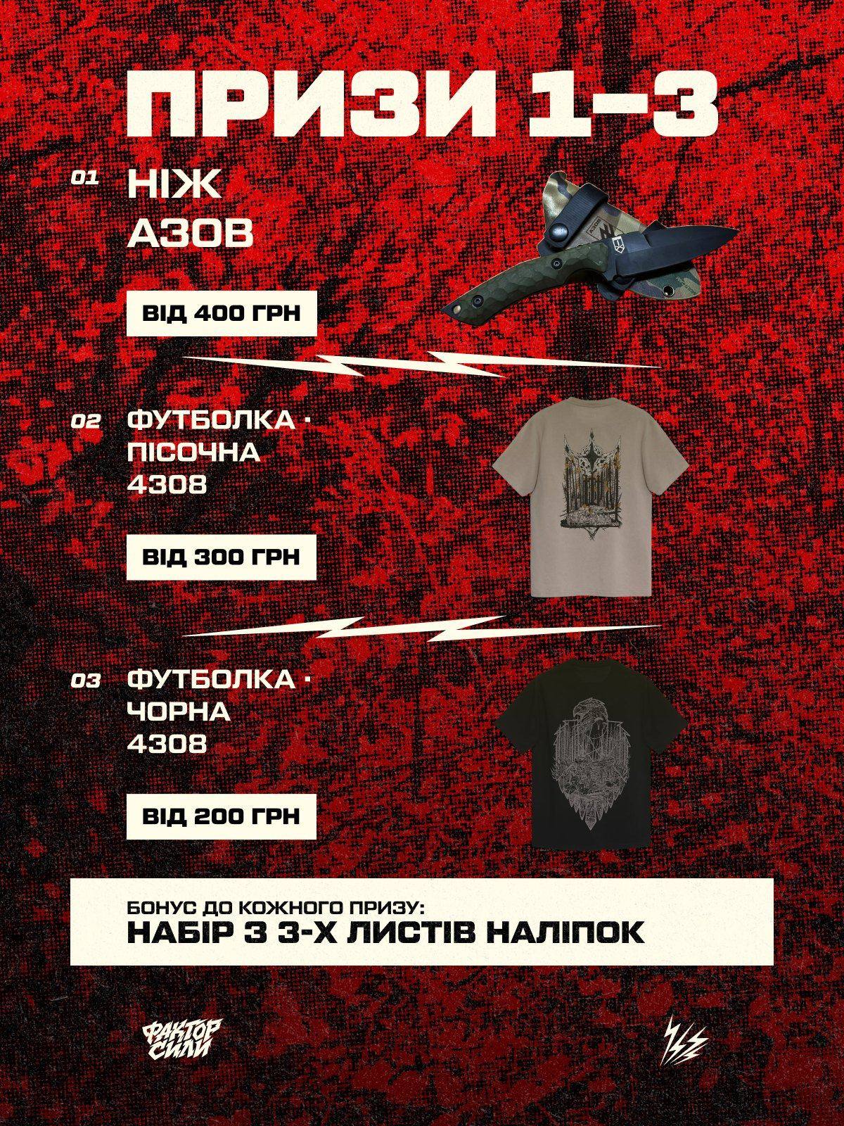 Слайд «Призи 1–3»: ніж «Азов», пісочна й чорна футболки «4308»