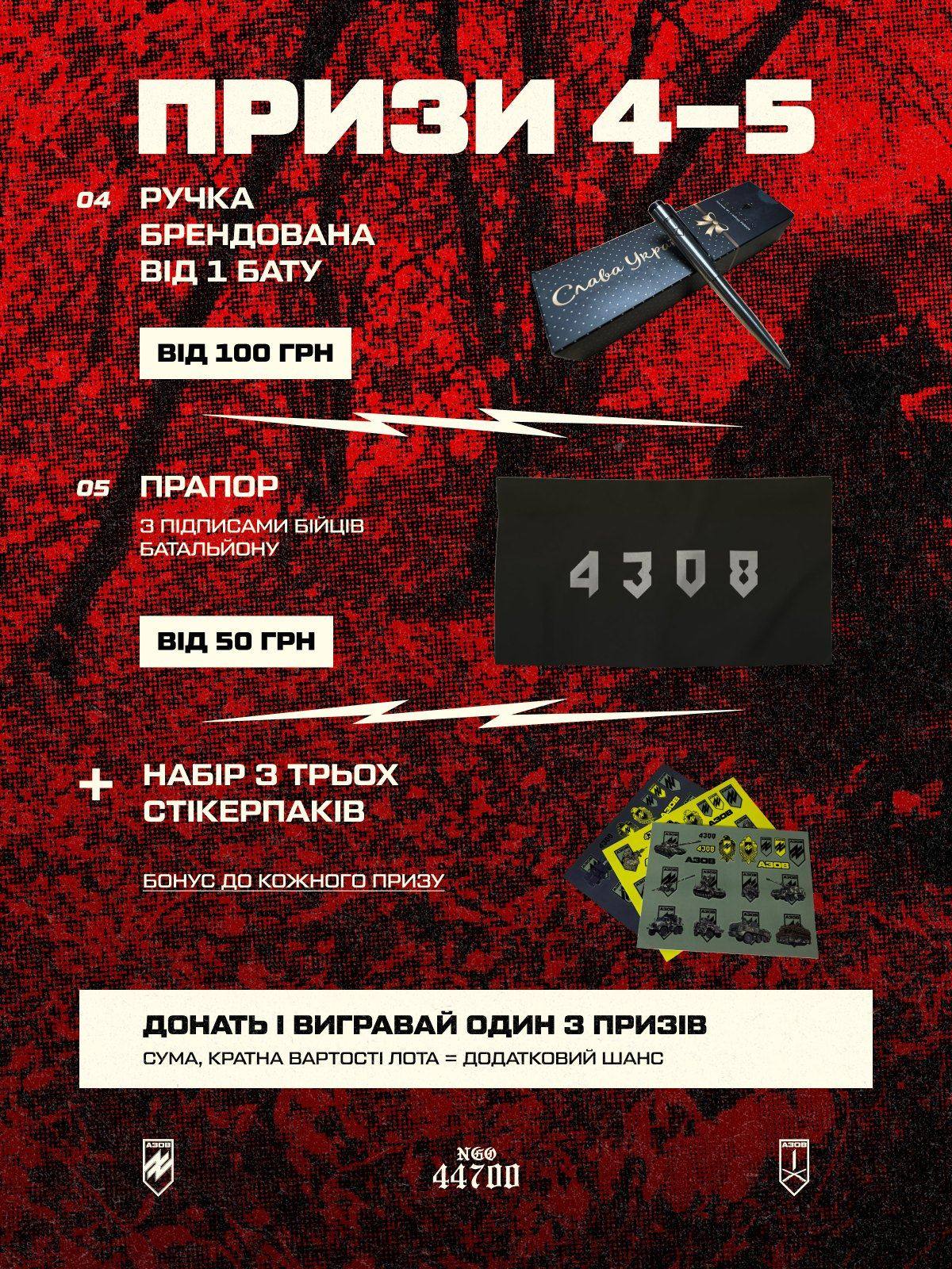 Слайд «Призи 4–5»: брендована ручка, прапор з підписами бійців, набір стікерпаків