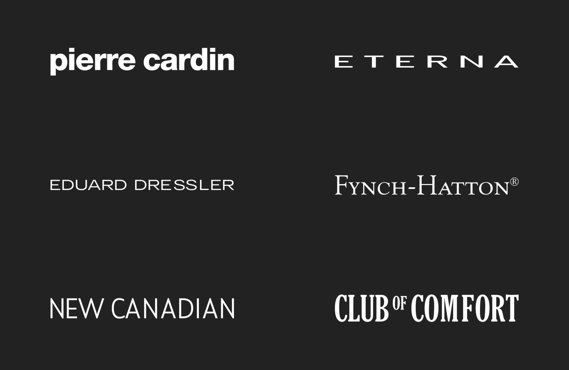 Логотипи марок Brandsy: Pierre Cardin, Eterna, Eduard Dressler, Fynch-Hatton, New Canadian, Club of Comfort