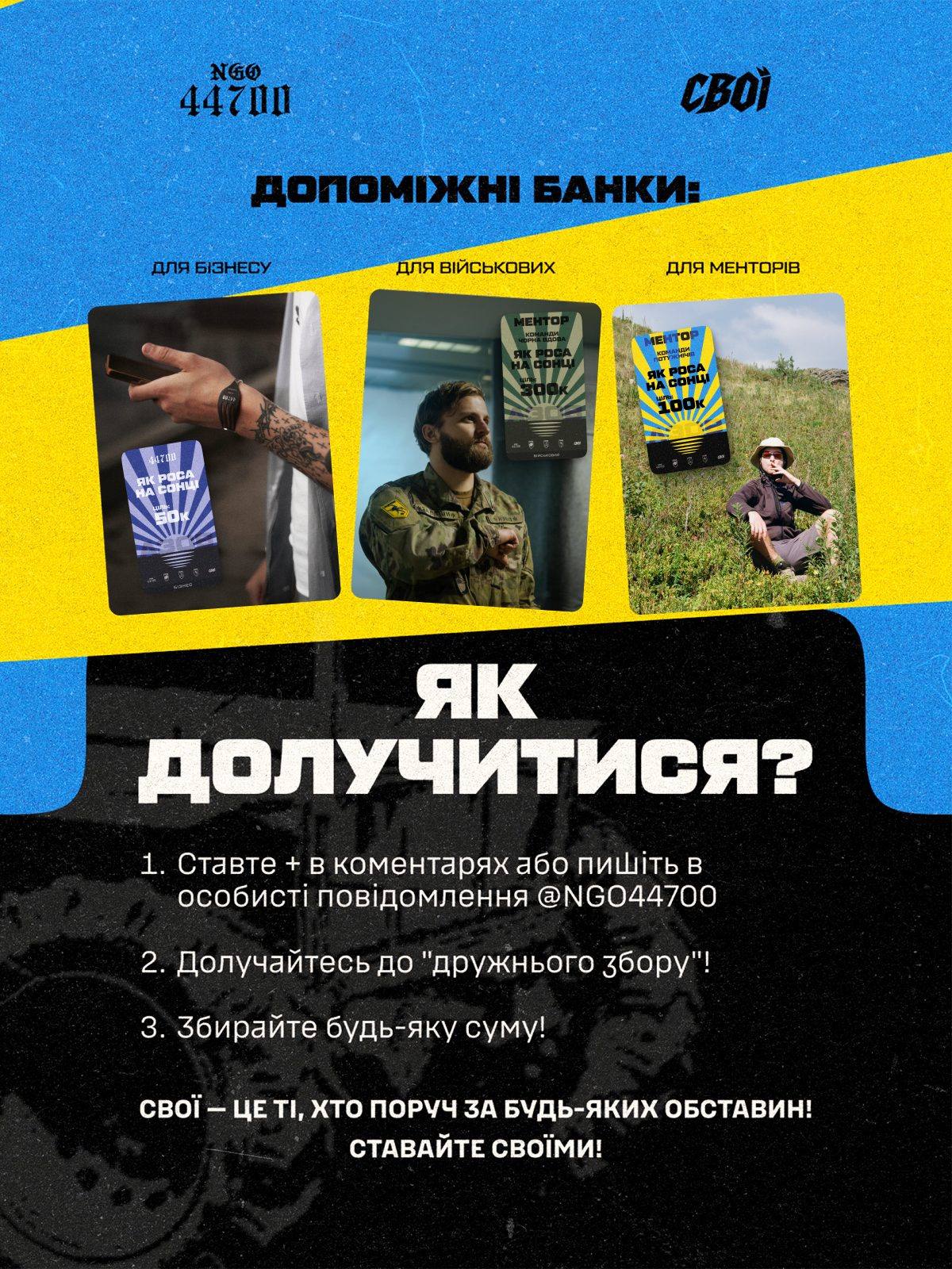 Слайд «Як долучитися?»: три типи допоміжних банок для бізнесу, військових і менторів