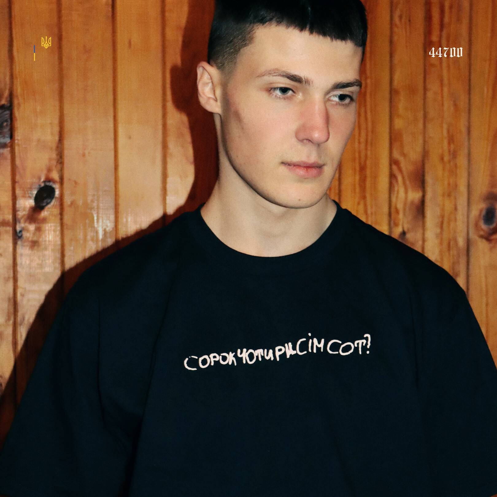 Футболка «сорокчотирисімсот?» на моделі, крупний план