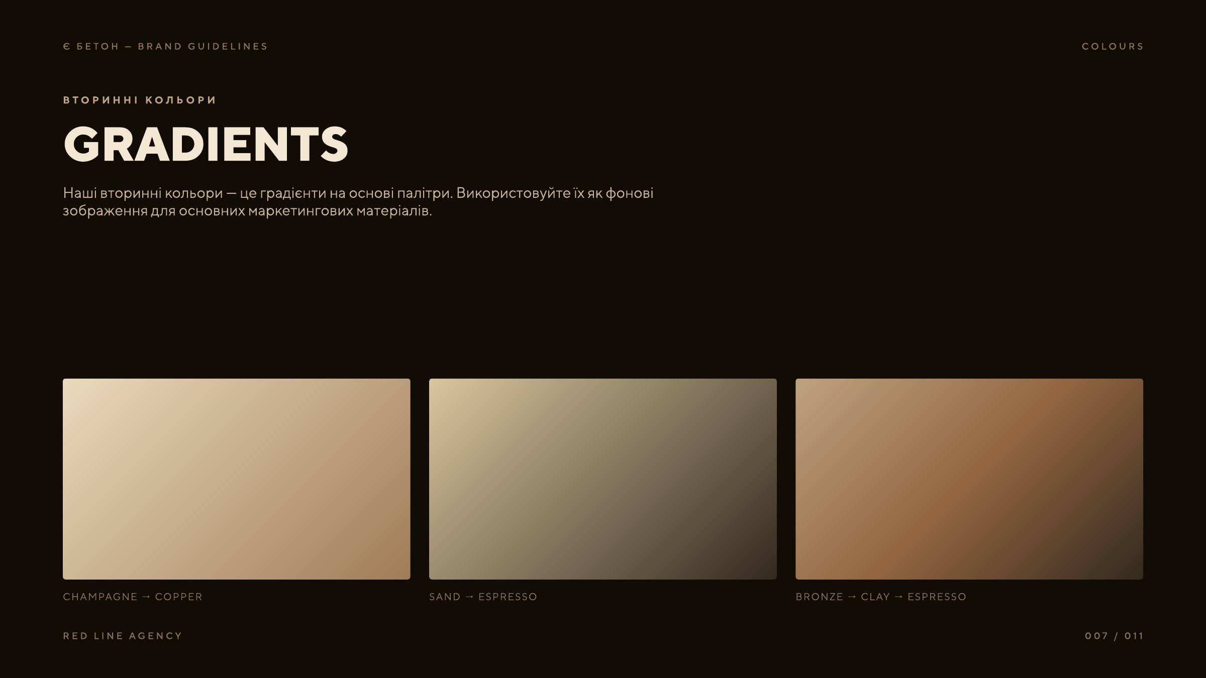 Градієнти: Champagne → Copper, Sand → Espresso, Bronze → Clay → Espresso на темному