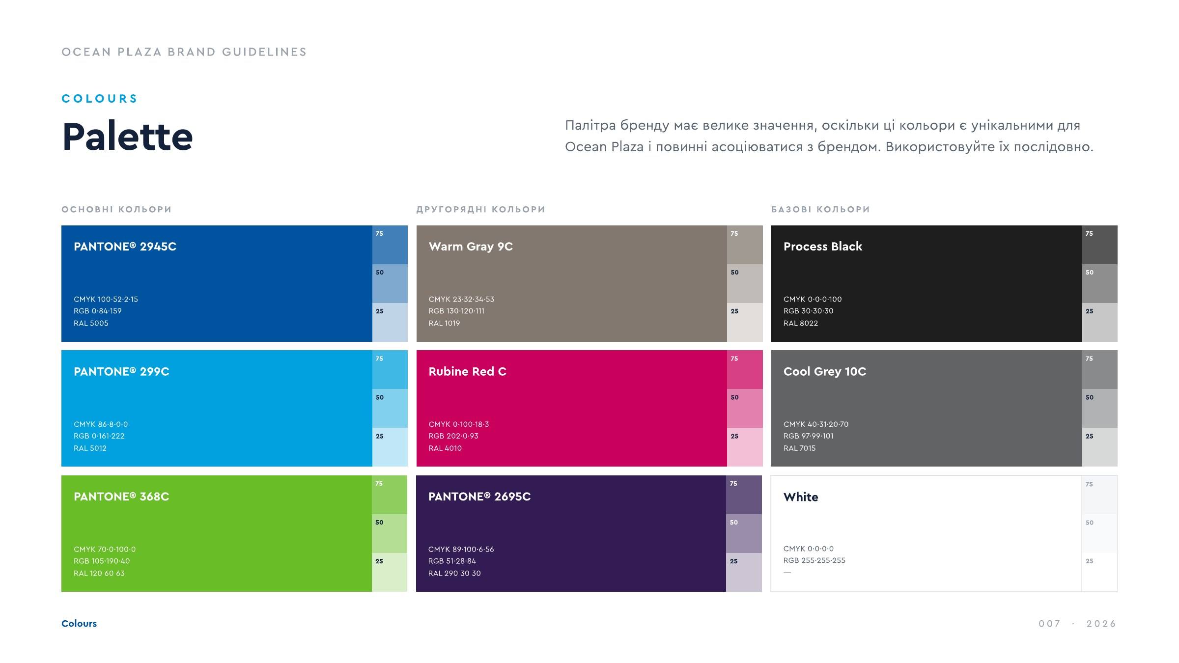 Палітра: дев’ять кольорів з Pantone, CMYK, RGB, RAL і ступенями 75, 50, 25 %